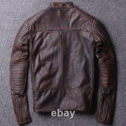 Mens Biker Vintage Motorcycle Distressed Brown Cafe Racer Leather Jacket Coat
