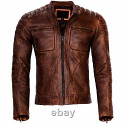 Mens Biker Vintage Motorcycle Distressed Brown Cafe Racer Leather Jacket NF