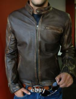 Mens Biker Vintage Motorcycle Distressed Brown Cafe Racer Real Leather Jacket