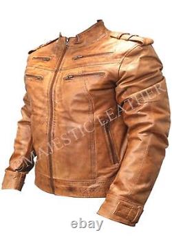 Mens Biker Vintage Motorcycle Distressed Brown Leather Jacket