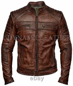 Mens Biker Vintage Motorcycle Distressed Brown Leather Jacket-BNWT