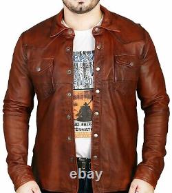 Mens Biker Vintage Motorcycle Distressed Brown Shirt Style Men Leather Jacket