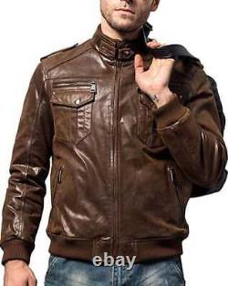 Mens Biker Vintage Motorcycle Distressed Cafe Racer Cowhide Leather Brown Jacket