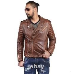 Mens Biker Vintage Motorcycle Quilted Distressed Brown Cafe Racer Leather Jacket