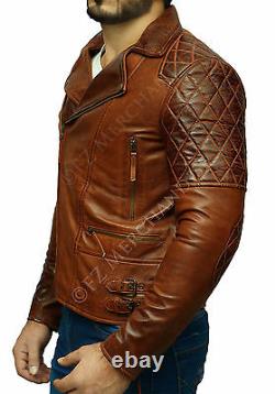 Mens Biker Vintage Motorcycle Racer Brown Distressed Leather Jacket