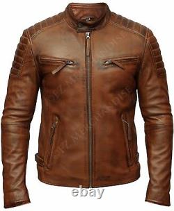 Mens Biker Vintage Motorcycle Slightly Distressed Brown Retro Leather Jacket