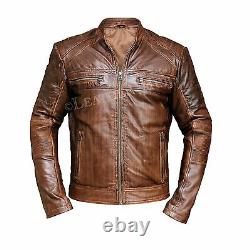 Mens Biker Vintage Stylish Distressed Brown Cafe Racer Leather Jacket