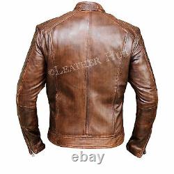 Mens Biker Vintage Stylish Distressed Brown Cafe Racer Leather Jacket