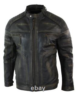 Mens Black Brown Vintage Biker Real Leather Jacket Distressed Zipped Casual