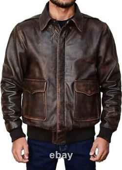 Mens Bomber A2 Aviator Jacket 100% Genuine Distressed Brown Leather Jacket