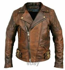 Mens Brando Cafe Racer Distressed Vintage Brown Biker Motorcycle Leather Jacket