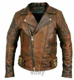 Mens Brando cafe Biker Motorcycle Vintage Distressed Brown Winter Leather Jacket