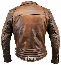 Mens Brando cafe Biker Motorcycle Vintage Distressed Brown Winter Leather Jacket