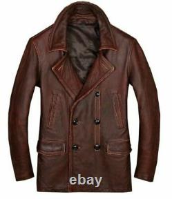 Mens Brown Blazer Coat Peacoat Motorcycle Cafe Racer Distress Leather Jacket