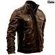 Mens Brown Brando Cafe Racer Biker Motorcycle Distressed Genuine Leather Jacket