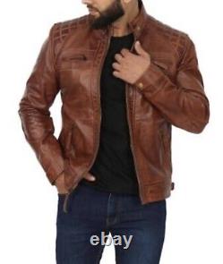 Mens Brown Cafe Racer Fitted Distressed Soft Lambskin Leather Jacket XS $299