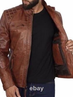 Mens Brown Cafe Racer Fitted Distressed Soft Lambskin Leather Jacket XS $299