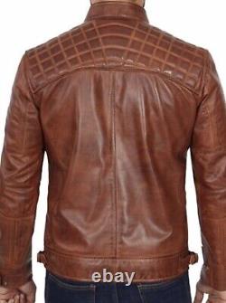 Mens Brown Cafe Racer Fitted Distressed Soft Lambskin Leather Jacket XS $299