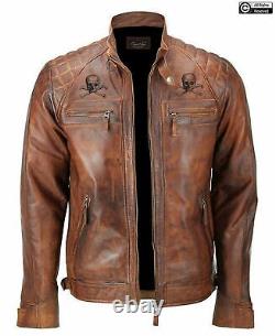 Mens Brown Devil Design Distressed Biker Motorcycle Cafe Racer Leather Jacket