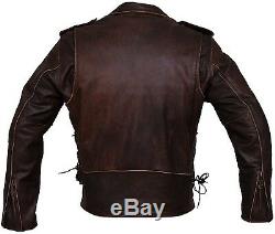 Mens Brown Distressed Leather Marlon Brando Biker Motorcycle Armoured Jacket YKK