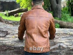 Mens Brown Distressed Leather Trucker Jacket, Leather Jacket