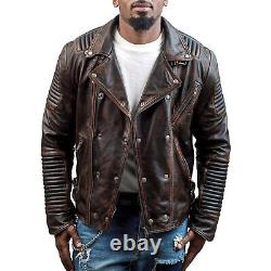 Mens Brown Distressed Sheep Skin Quilted Real Biker Leather Jacket Coat