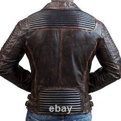 Mens Brown Distressed Sheep Skin Quilted Real Biker Leather Jacket Coat