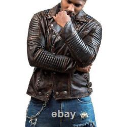 Mens Brown Distressed Sheep Skin Quilted Real Biker Leather Jacket Coat