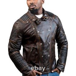 Mens Brown Distressed Sheep Skin Quilted Real Biker Leather Jacket Coat