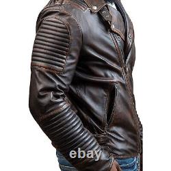 Mens Brown Distressed Sheep Skin Quilted Real Biker Leather Jacket Coat