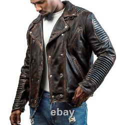 Mens Brown Distressed Sheep Skin Quilted Real Biker Leather Jacket Coat