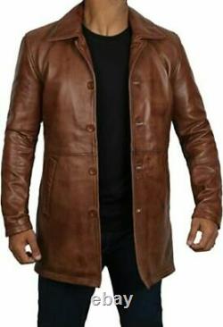 Mens Brown Leather Jacket/Coat- Natural Distressed Leather Coat for Men