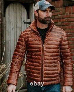 Mens Brown Puffer Distressed lambskin leather jacket