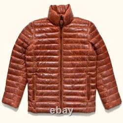 Mens Brown Puffer Distressed lambskin leather jacket