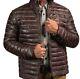 Mens Brown Puffer Leather Jacket Quilted Distressed Down Motorcycle Biker Jacket