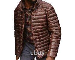 Mens Brown Puffer Leather Jacket Quilted Distressed Down Motorcycle biker Jacket