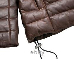 Mens Brown Puffer Leather Jacket Quilted Distressed Down Motorcycle biker Jacket