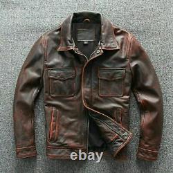 Mens Brown Real Genuine Leather Biker Cafe Racer Vintage Distress Leather Jacket