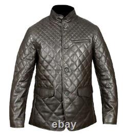 Mens Brown Real Leather Quilted Fitted Smart Long coat Winter Jacket 44/XL