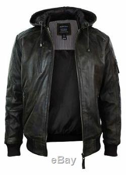 Mens Brown Washed Distressed Removable Hood Bomber Leather Jacket Quilted