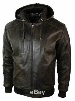 Mens Brown Washed Distressed Removable Hood Bomber Leather Jacket Quilted