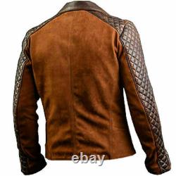 Mens Cafe Racer Quilted Biker Brown New Distressed Real Suede Leather Jacket