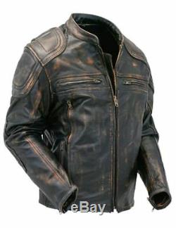 Mens Cafe Racer Quilted Distressed Brown Vintage Motorcycle Biker Leather Jacket