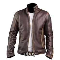 Mens Cafe Racer Stylish Vintage Biker Motorcycle Brown Distressed Leather Jacket