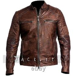 Mens Cafe Racer Vintage Distressed Biker Motorcycle waxed Real Leather Jacket