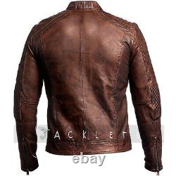 Mens Cafe Racer Vintage Distressed Biker Motorcycle waxed Real Leather Jacket