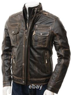 Mens Cafe Racer Vintage Distressed Motorcycle Retro Biker Genuine Leather Jacket