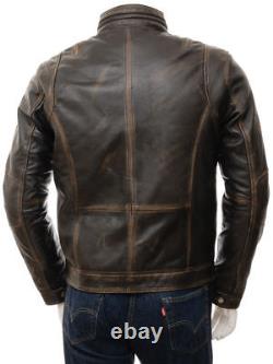 Mens Cafe Racer Vintage Distressed Motorcycle Retro Biker Genuine Leather Jacket