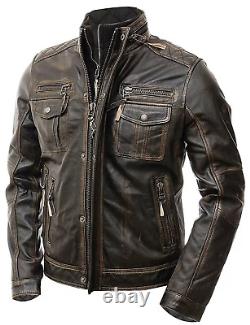 Mens Cafe Racer Vintage Motorcycle Biker Distressed Brown Real Leather Jacket