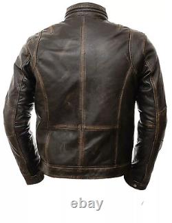 Mens Cafe Racer Vintage Motorcycle Biker Distressed Brown Real Leather Jacket